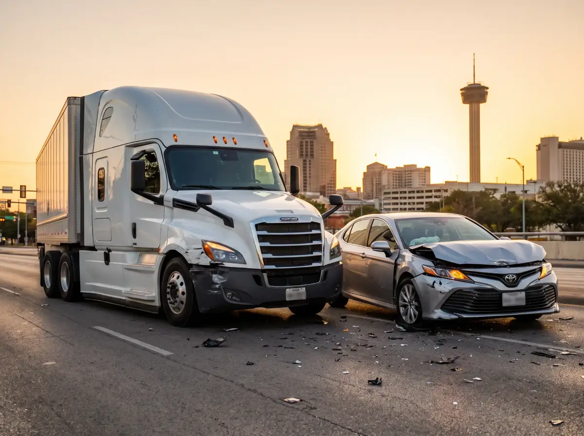 Camión de 18 ruedas y un carro después de un choque en San Antonio